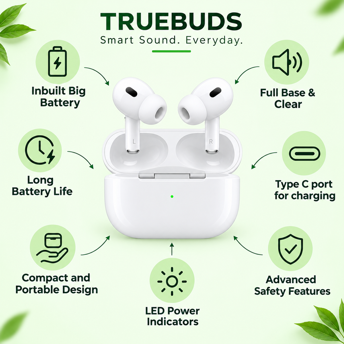 TJ Airdopes Pro 2 Premium White Wireless Bluetooth Earbuds with Charging Case | Stylish In-Ear Earphones